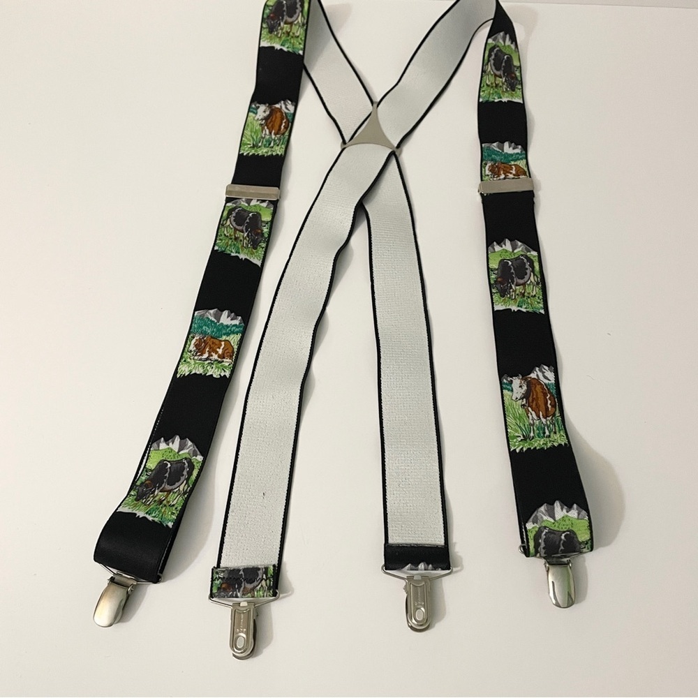 Vintage CAS Germany Cow Print Suspenders Alpine Farm Scene Braces